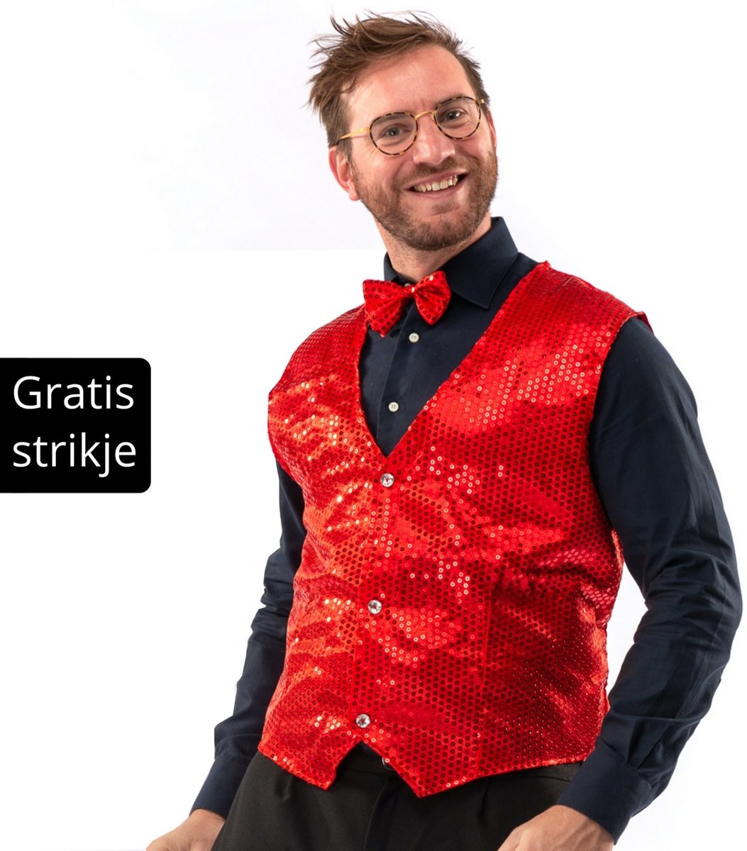 Glitter & Glamour Kostuum | Showman Cocktail Gala Glitter Vest Met Dasje Rood | Large | Kerst | Verkleedkleding